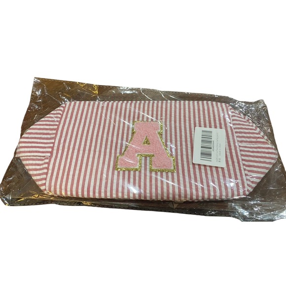 Pink Striped Seersucker "A" Cosmetic Bag | Zipper Makeup Pouch - Picture 5 of 8